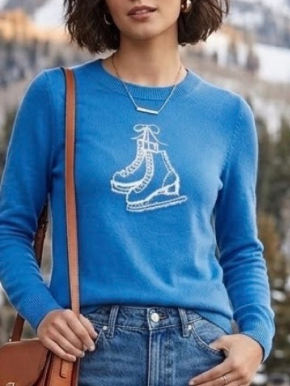 Loft Blue Ice Skates Graphic Crewneck Sweater NWT Small Winter Festive Holidays